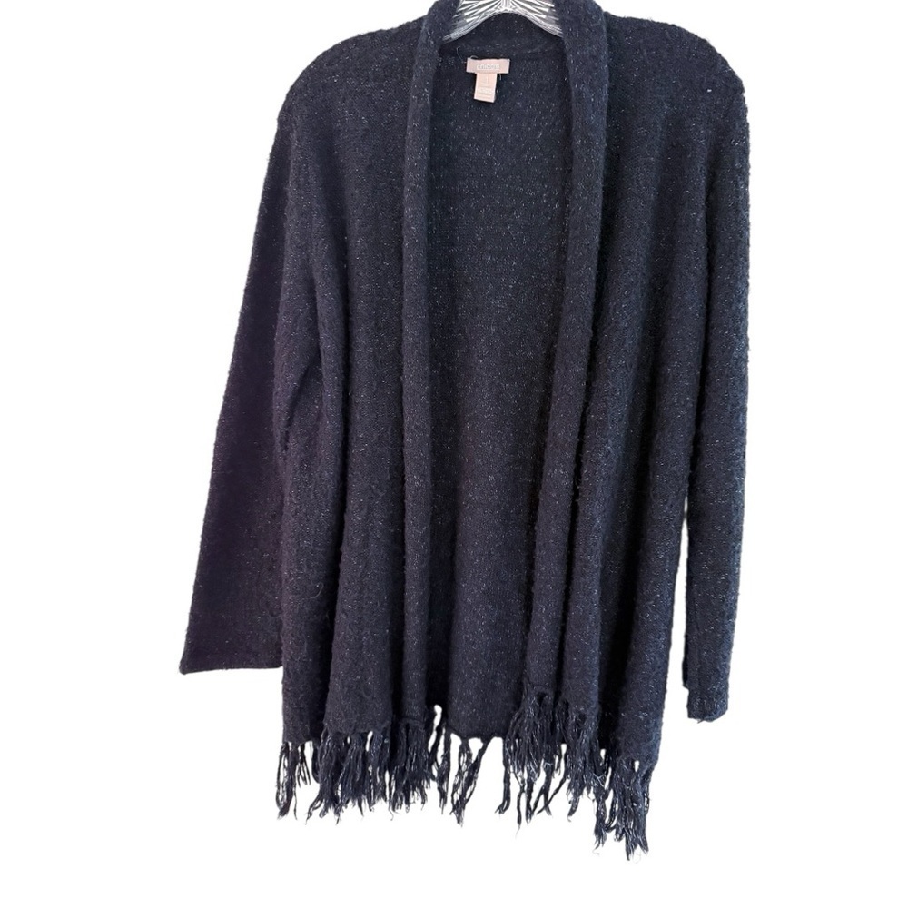 Chico’s navy speckled knit open cardigan sweater with very cool fringe hem med